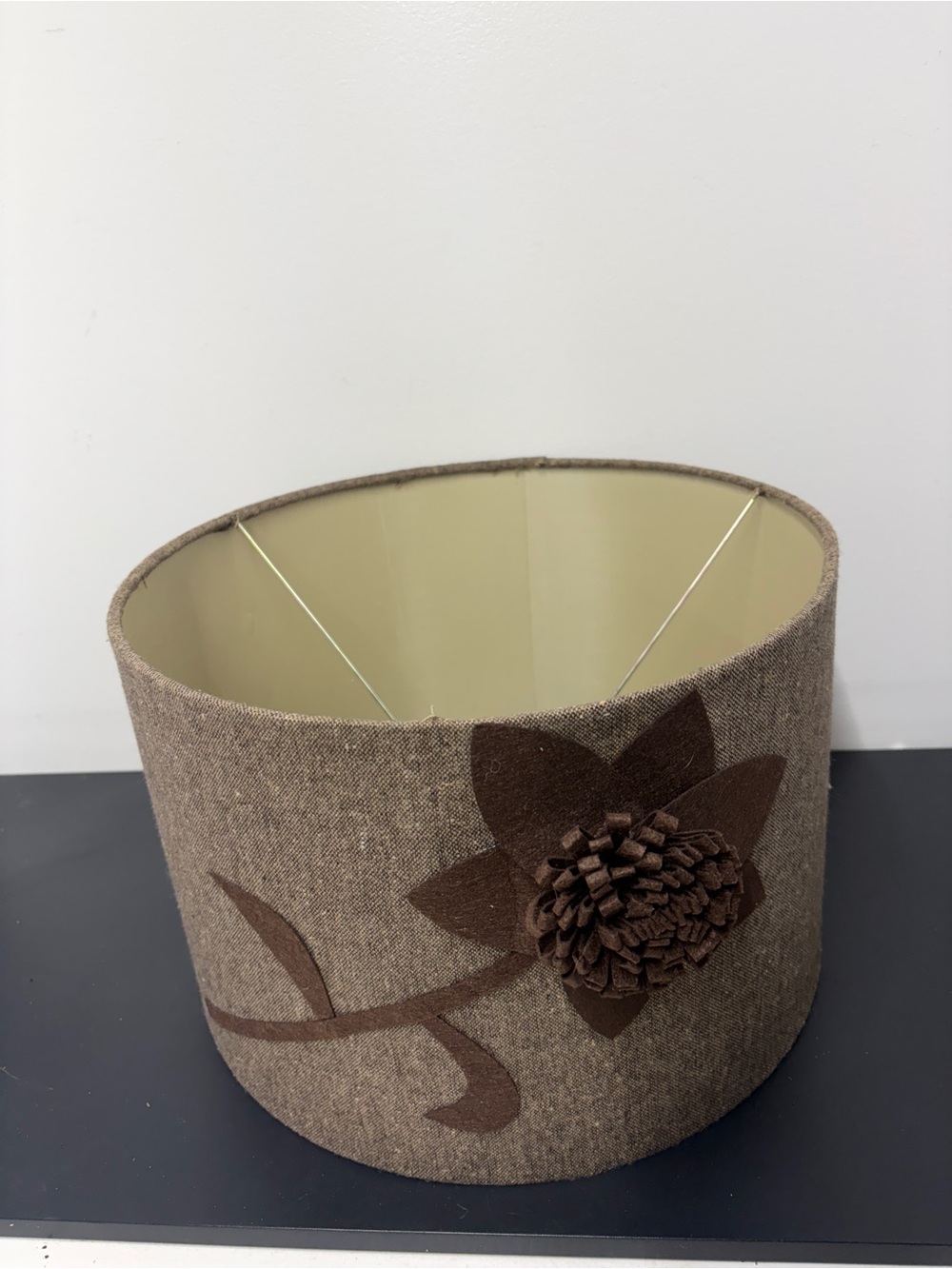 Brown Textured Round Lamp Shade w/ Decorative Brown Fabric Flower 9.5”x14”